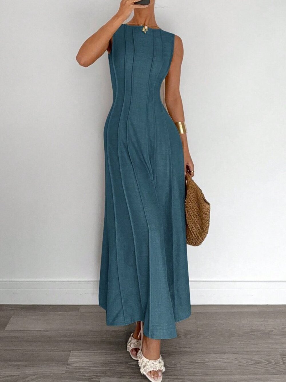 Blue Casual Women's Sleeveless A-Line Dress - Picture 3 of 5
